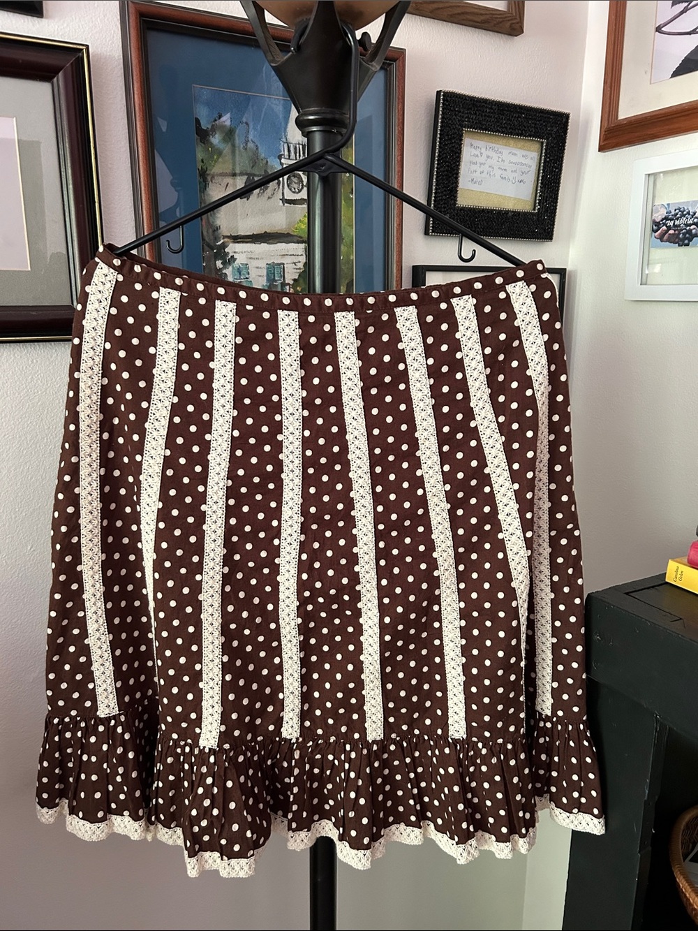 Women’s Brown Polka Dot Skirt with Lace Trim